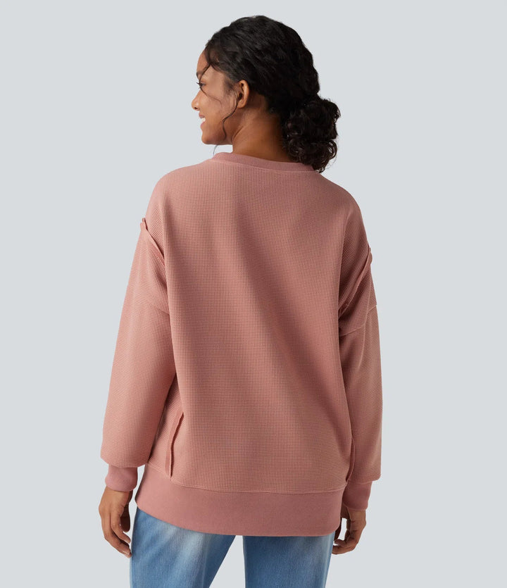Round Neck Long Sleeve Split Hem Waffle Casual Sweatshirt