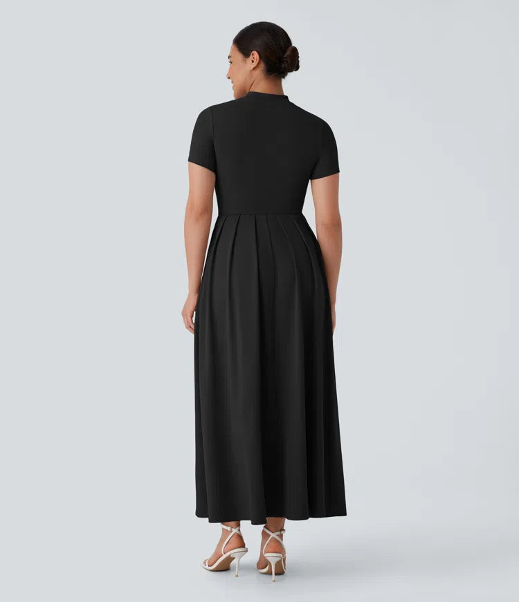 Stand Collar Short Sleeve Pocket Flare Maxi Casual Dress