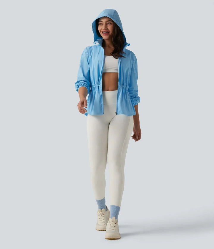 Durable Water Repellent Removable Hood Drawstring Workout Jacket with Zip Pockets