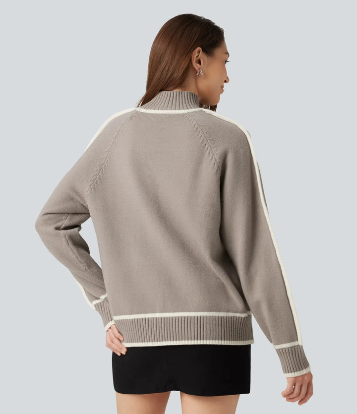 Mock Neck Raglan Long Sleeve Color Block Work Jumper