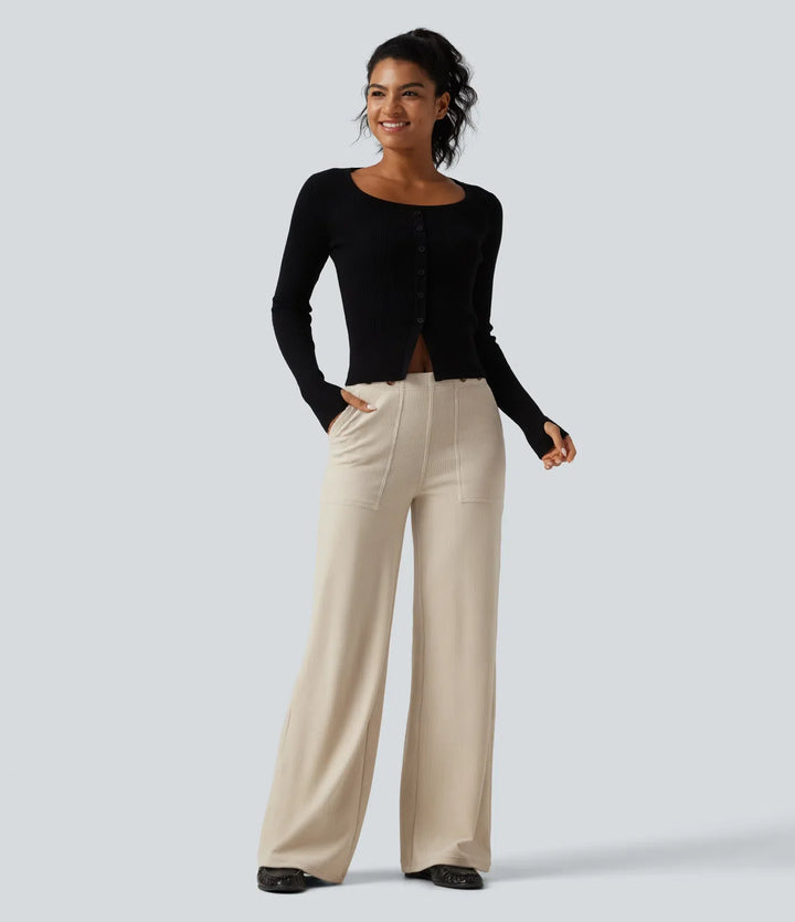 Mid Rise Wide Leg Corduroy Casual Trousers with Pockets