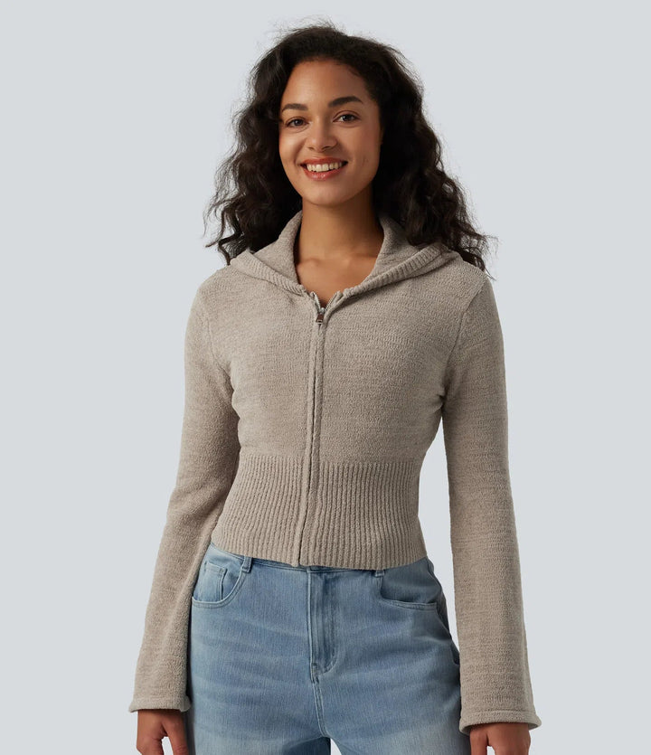 Hooded Flounce Sleeve Zip Fly Casual Cardigan