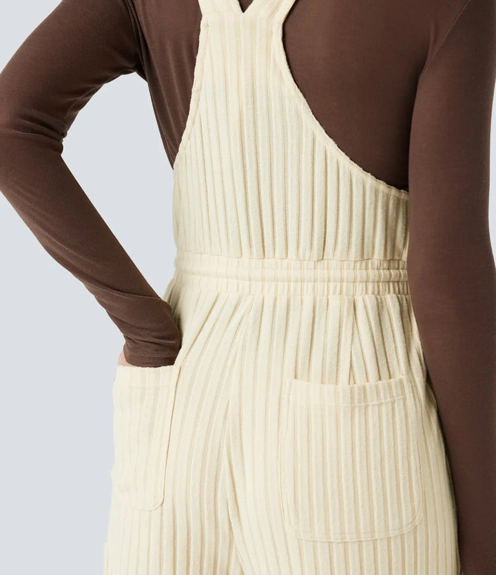 Ribbed Knit Adjustable Straps Drawstring Casual Overalls with Pockets