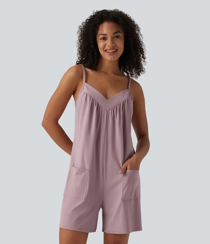 V Neck Casual Slip Romper with Pockets