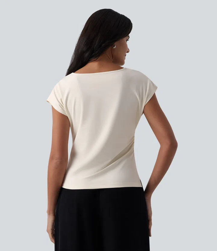Asymmetric Cowl Neck Short Sleeve Ruched Split Hem Work Blouse