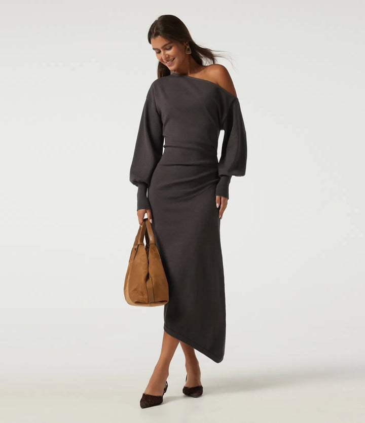 One Shoulder Puff Long Sleeve Asymmetric Work Midi Jumper Dress