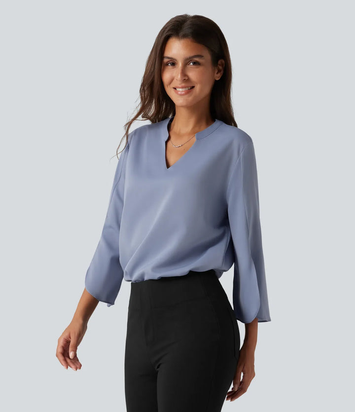 V Neck Flounce Long Sleeve Curved Hem Work Blouse