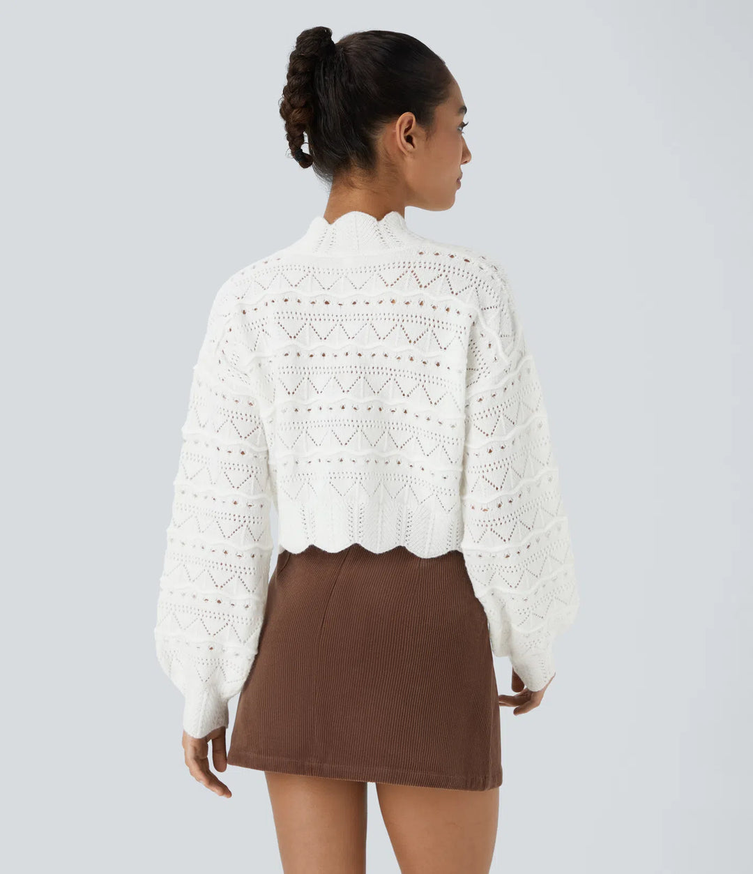 Mock Neck Bishop Sleeve Scallop Hem Open Knit Casual Jumper