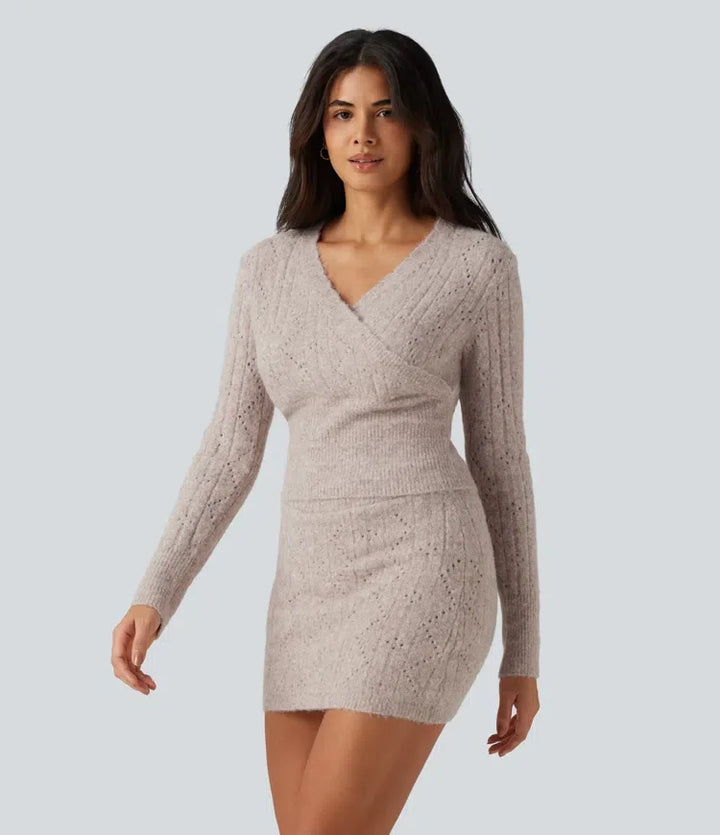 V Neck Long Sleeve Scallop Hem Open Knit Casual Jumper