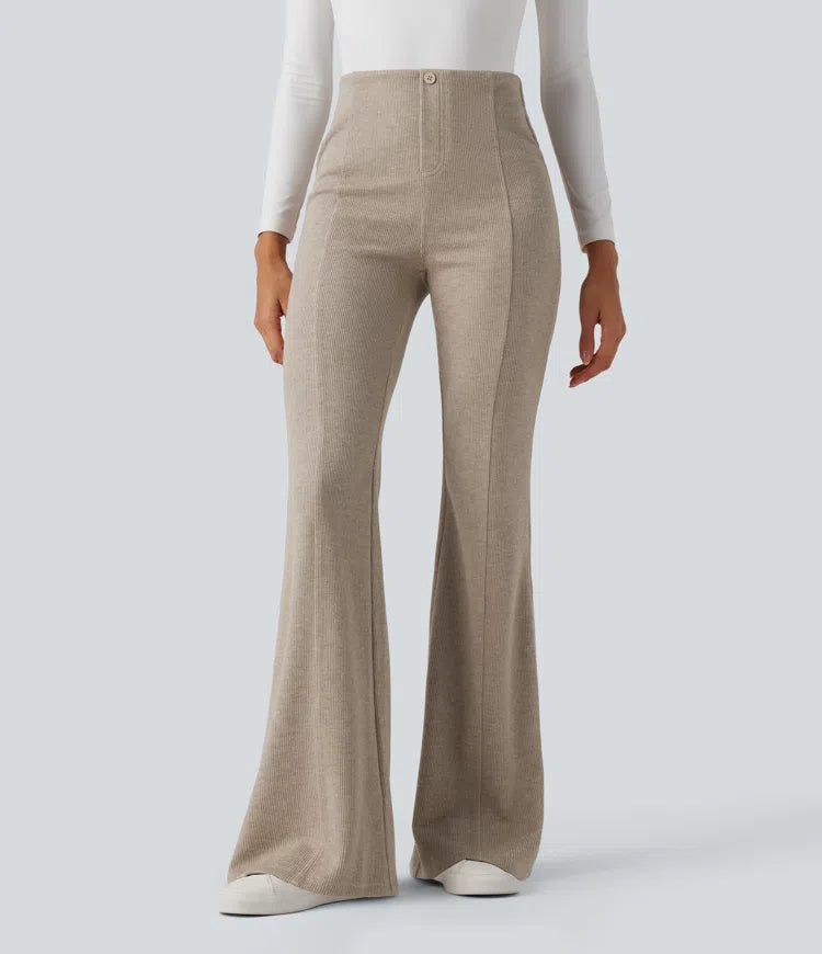 Ribbed High Waisted Tummy Control Casual Flare Trousers