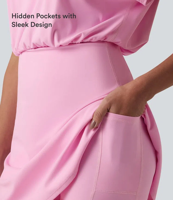 SoftlyZero Airy Round Neck Short Sleeve 2-in-1 InstantCool Mini Yoga Active Dress with Pockets-Easy Peezy Edition