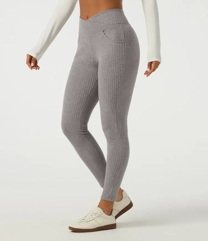 Ribbed Knit Crossover High Waisted Skinny Casual Leggings with Pockets
