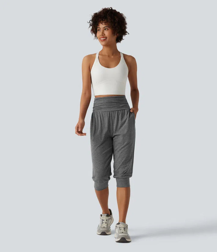 High Waisted Ruched Heathered Yoga Pedal Pushers Joggers with Pockets