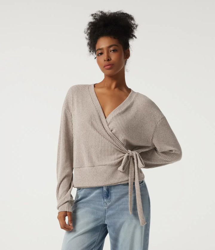 Ribbed Knit V Neck Long Sleeve Tie Side Wrapped Casual Top