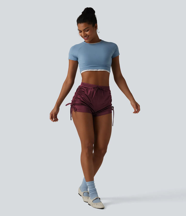 High Waisted Drawstring Ruched Satin Casual Shorts with Pocket