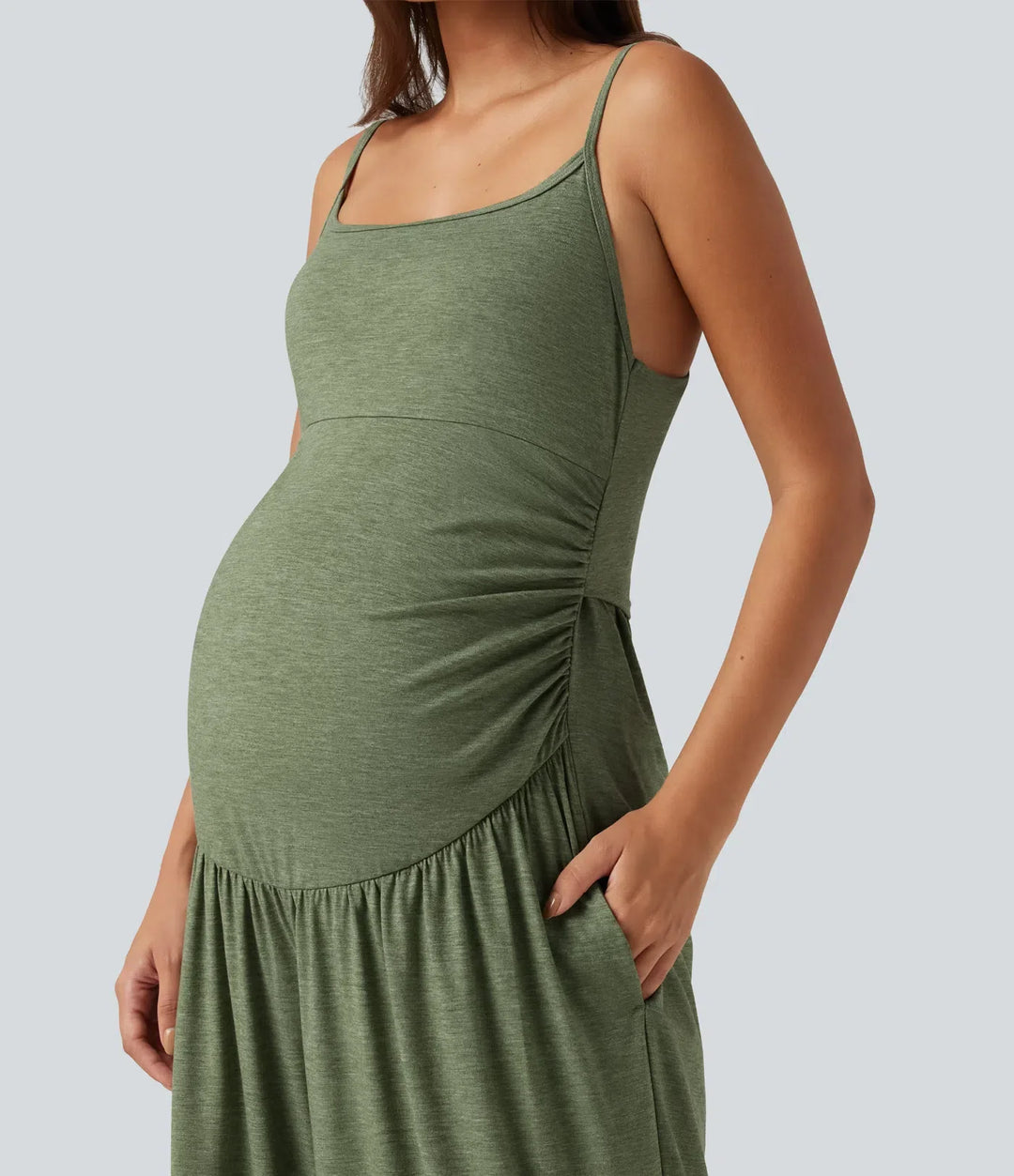 Built-In-Bra Ruched Wide Leg Heathered Casual Maternity Slip Jumpsuit with Pockets-Easy Peezy Edition