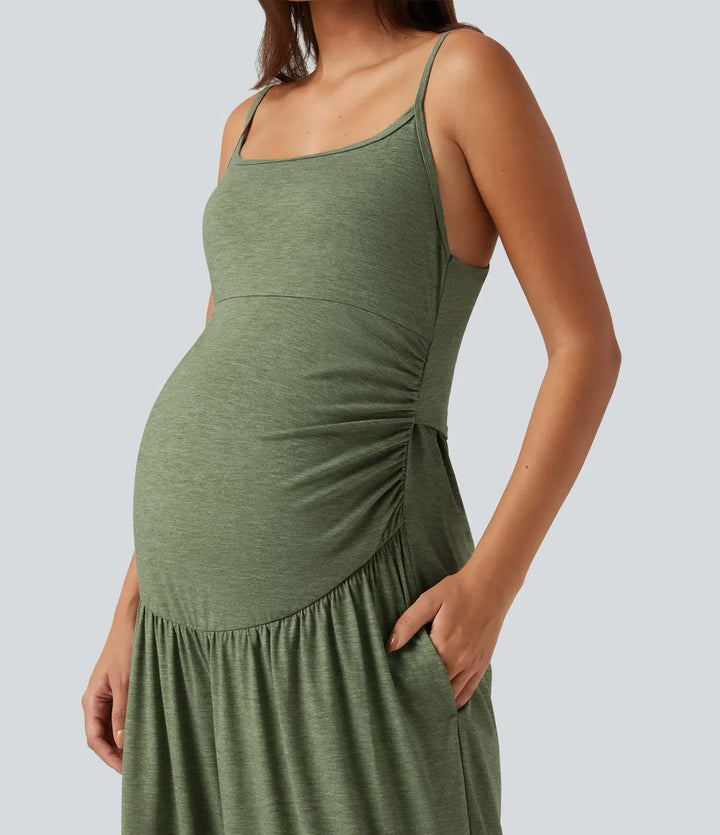 Built-In-Bra Ruched Wide Leg Heathered Casual Maternity Slip Jumpsuit with Pockets-Easy Peezy Edition