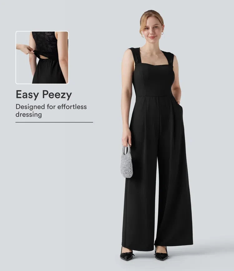 Square Neck Sleeveless Contrast Lace Bridesmaid And Wedding Guest Jumpsuit with Pockets-Easy Peezy