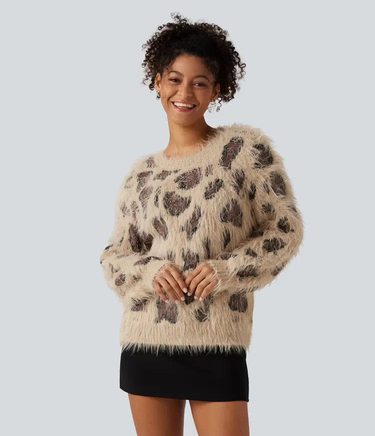 Round Neck Long Sleeve Leopard Print Casual Jumper