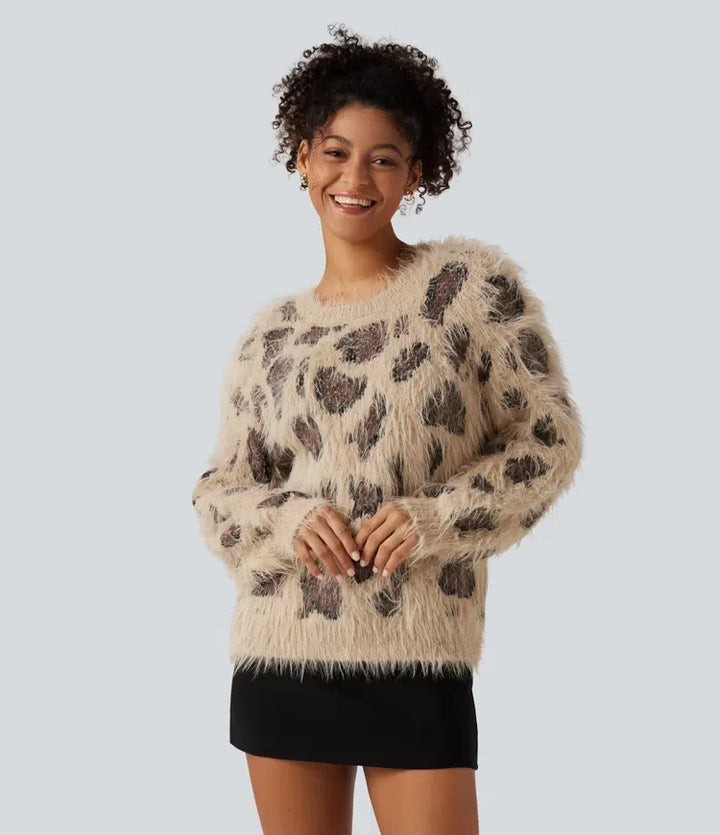 Round Neck Long Sleeve Leopard Print Casual Jumper