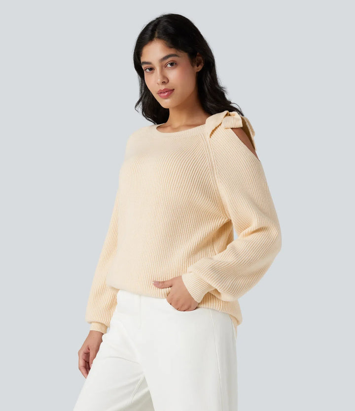 Round Neck Tie Side Long Sleeve Jumper Knit Casual Top