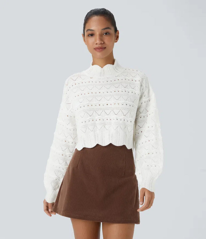 Mock Neck Bishop Sleeve Scallop Hem Open Knit Casual Jumper
