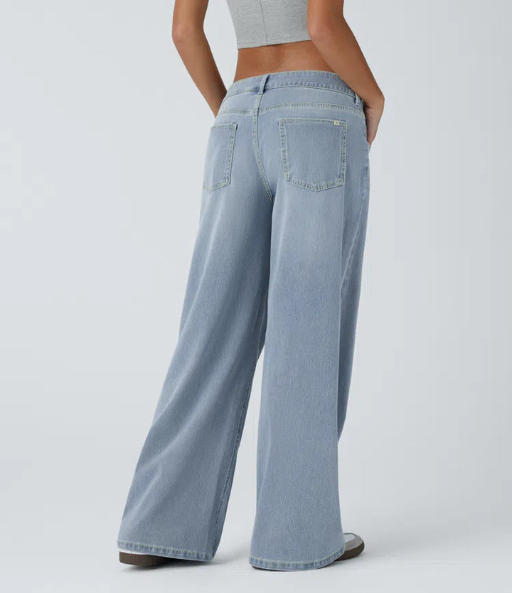 Halara Flex Asymmetric Low Rise Zipper Pockets Baggy Wide Leg Washed Casual Jeans