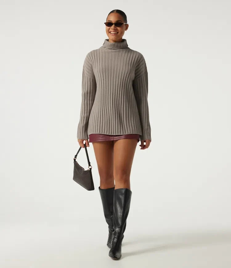 Ribbed Knit High Neck Dropped Long Sleeve Work Jumper