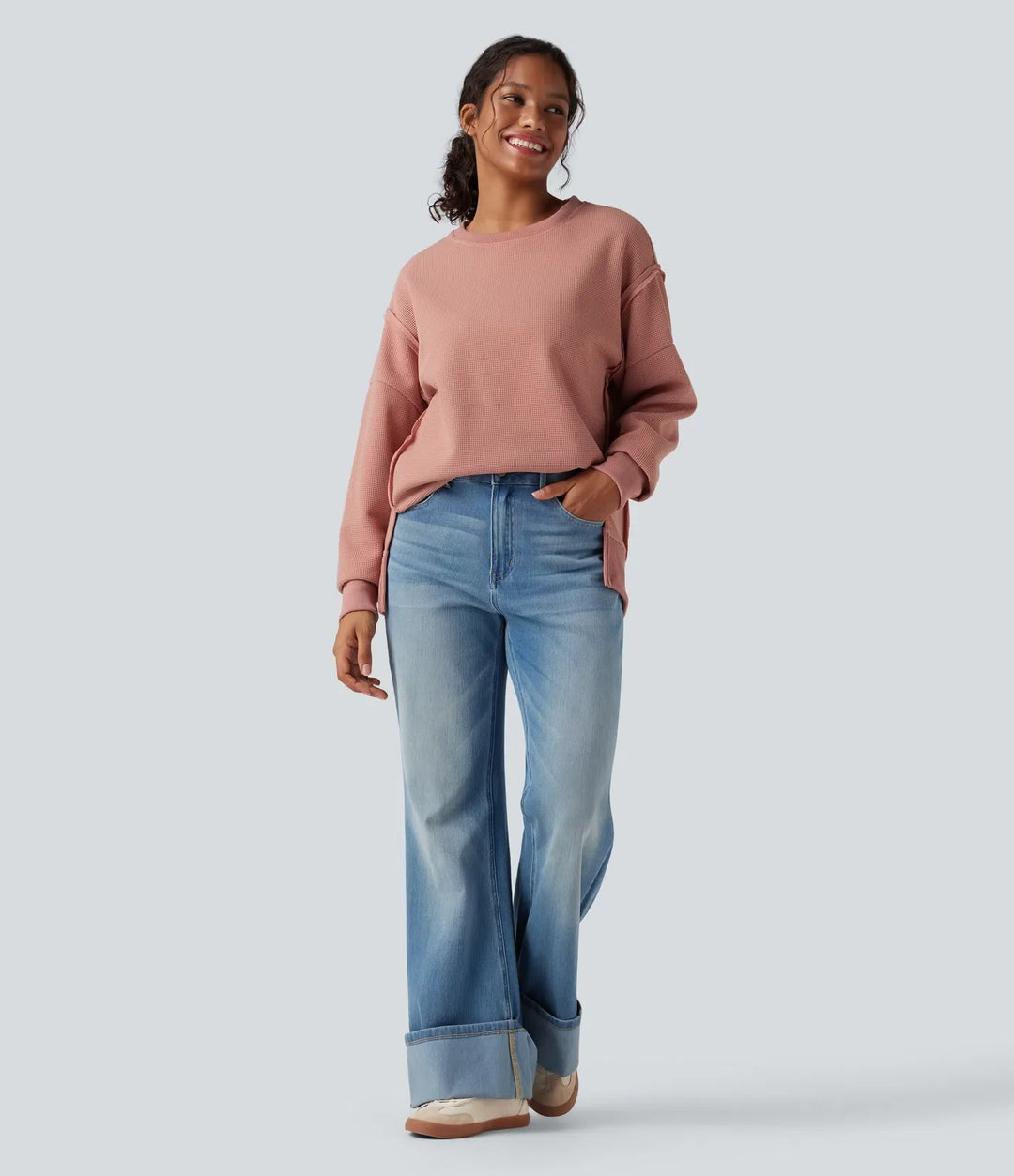 Round Neck Long Sleeve Split Hem Waffle Casual Sweatshirt