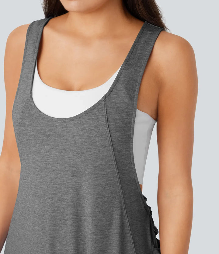 U Neck Drawstring Pockets Casual Jumpsuit