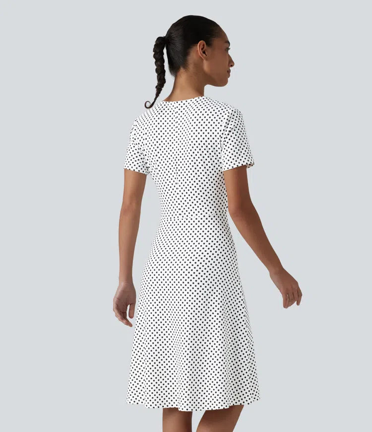 V Neck Short Sleeve Polka Dot Knee Length Casual Dress