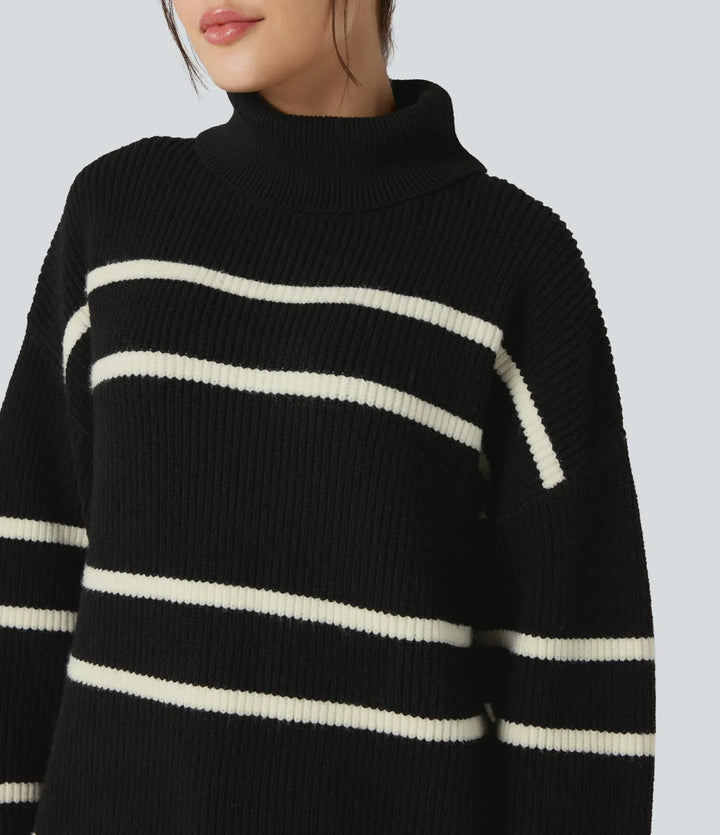 High Neck Long Sleeve Color Block Casual Jumper