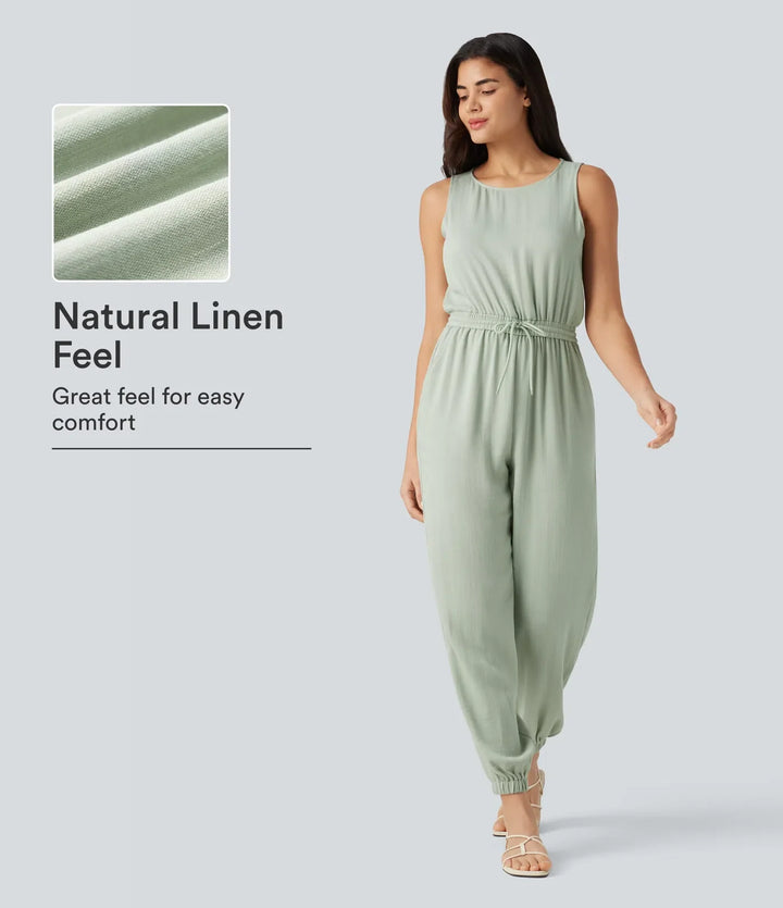 Round Neck Sleeveless Drawstring Linen-Feel Casual Jumpsuit with Pockets