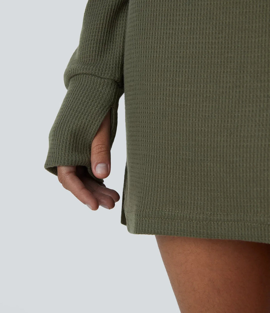 Boat Neck Raglan Sleeve Thumb Hole Hem Waffle Casual Sweatshirt Dress