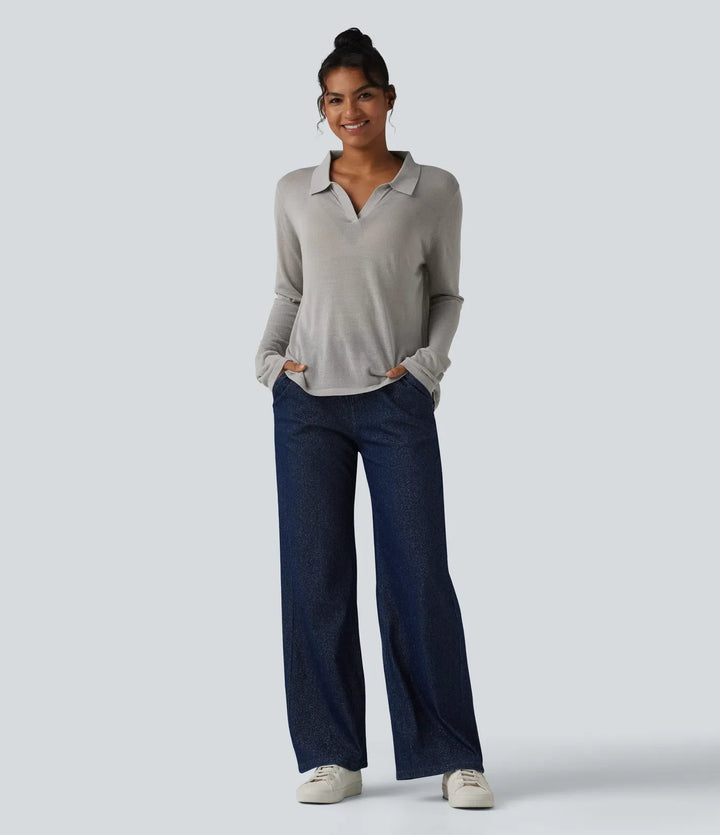 Polo Neck Long Sleeve Lyocell Linen Casual Jumper