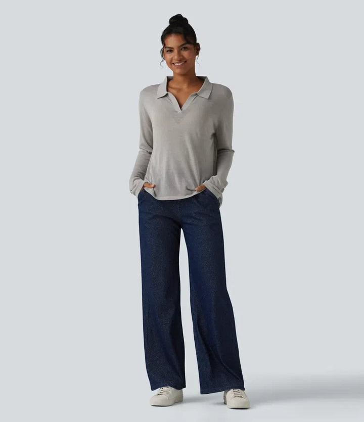 Polo Neck Long Sleeve Lyocell Linen Casual Jumper