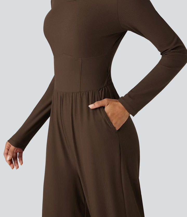 Ribbed Round Neck Long Sleeve Corset Casual Jumpsuit with Pockets-Easy Peezy Edition