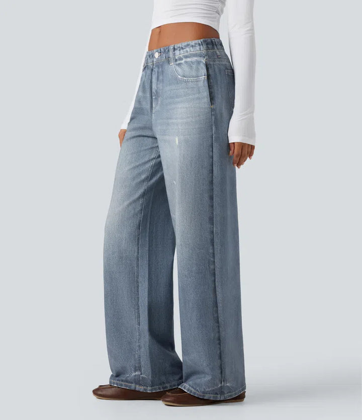 Mid Rise Denim Print French Terry Casual Sweattrousers Jeans with Pockets