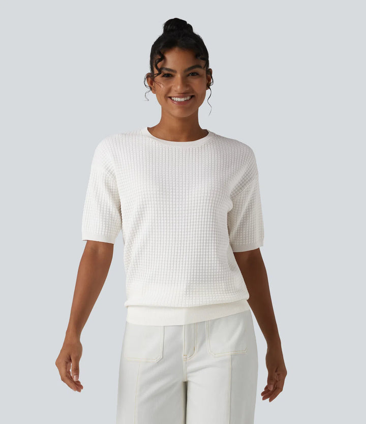 Round Neck Short Sleeve Waffle Casual Jumper