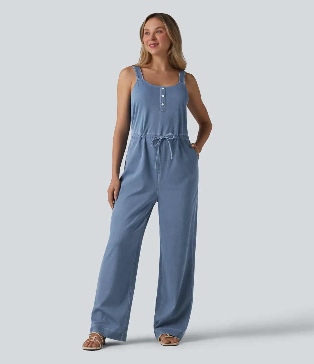Halara Flex Drawstring Straight Leg Denim Casual Jumpsuit with Pockets