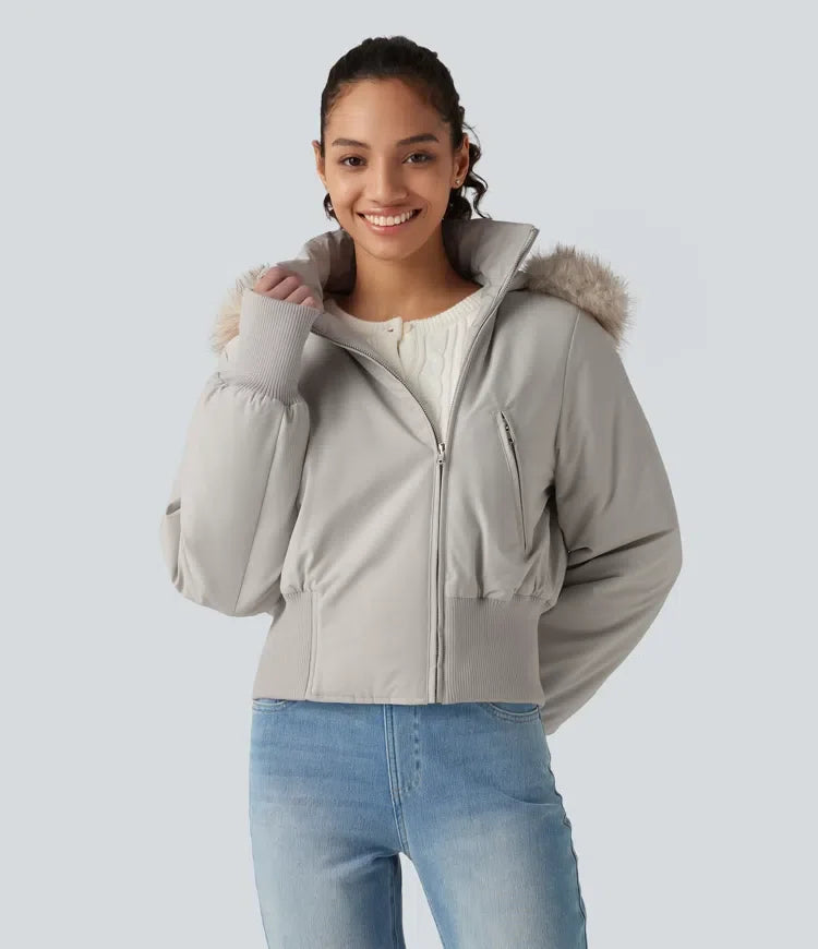 Hooded Long Sleeve Casual Padded Jacket with Pockets and Thumbholes