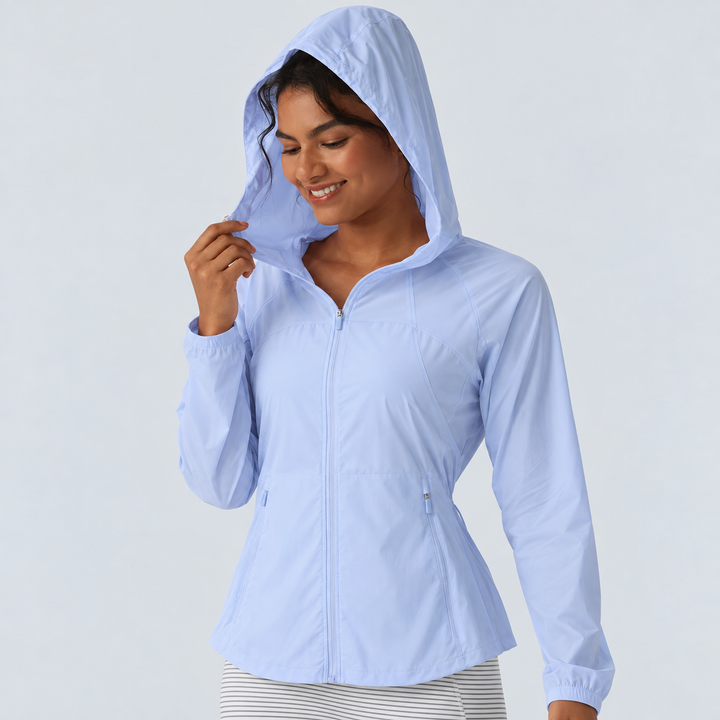 Hooded Drawstring Contrast Mesh Workout Jacket with Pockets
