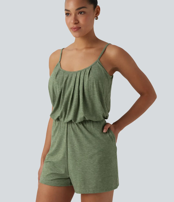 U-Neck Adjustable Straps Pleated Built-in Bra Casual Romper with Pockets-Easy Peezy