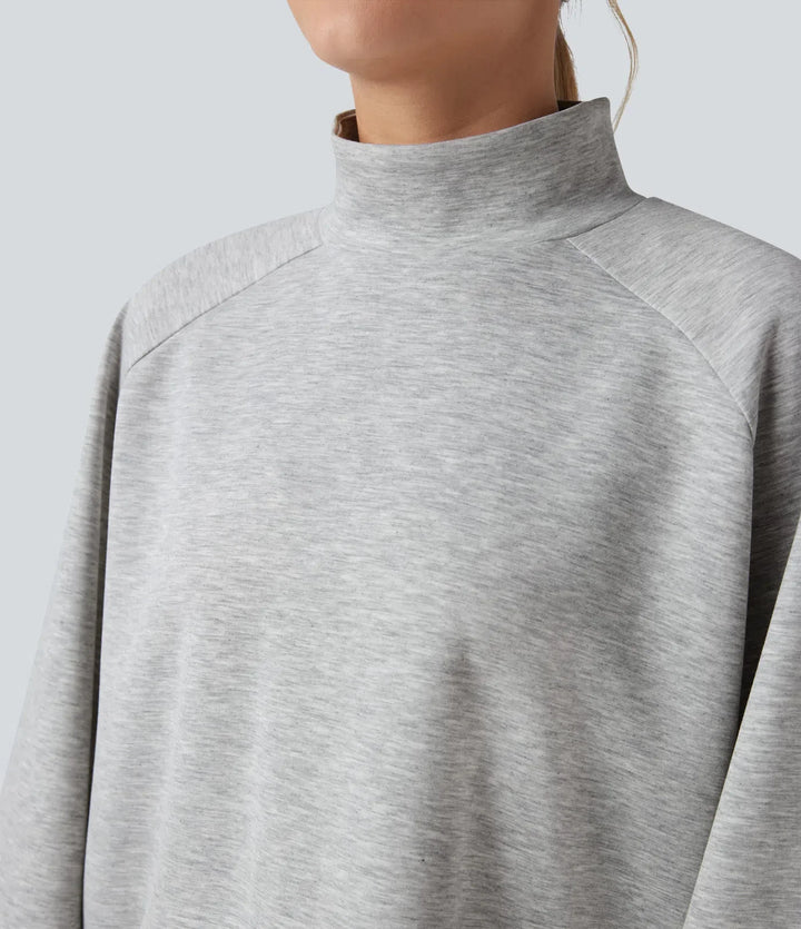 Mock Neck Long Sleeve High Low Casual Sweatshirt with Pocket