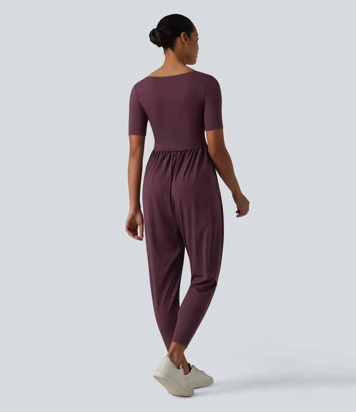 SoftlyZero Airy Scoop Neck Short Sleeve Built-in Bra InstantCool Casual Jumpsuit with Pockets-Easy Peezy Edition