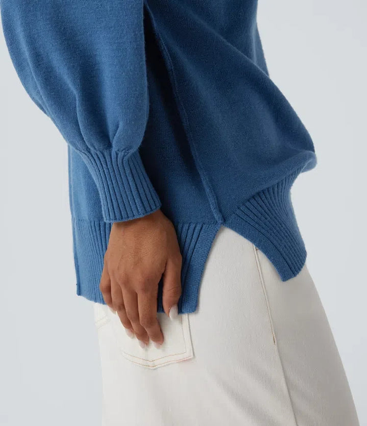 V Neck Dropped Shoulder Long Sleeve Split Casual Jumper