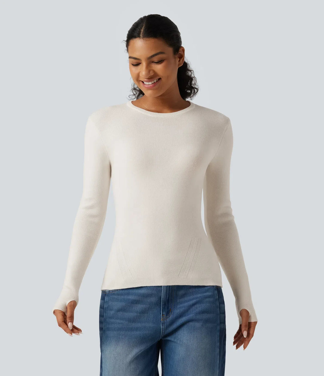 Round Neck Long Sleeve Thumb Hole Slim Work Jumper