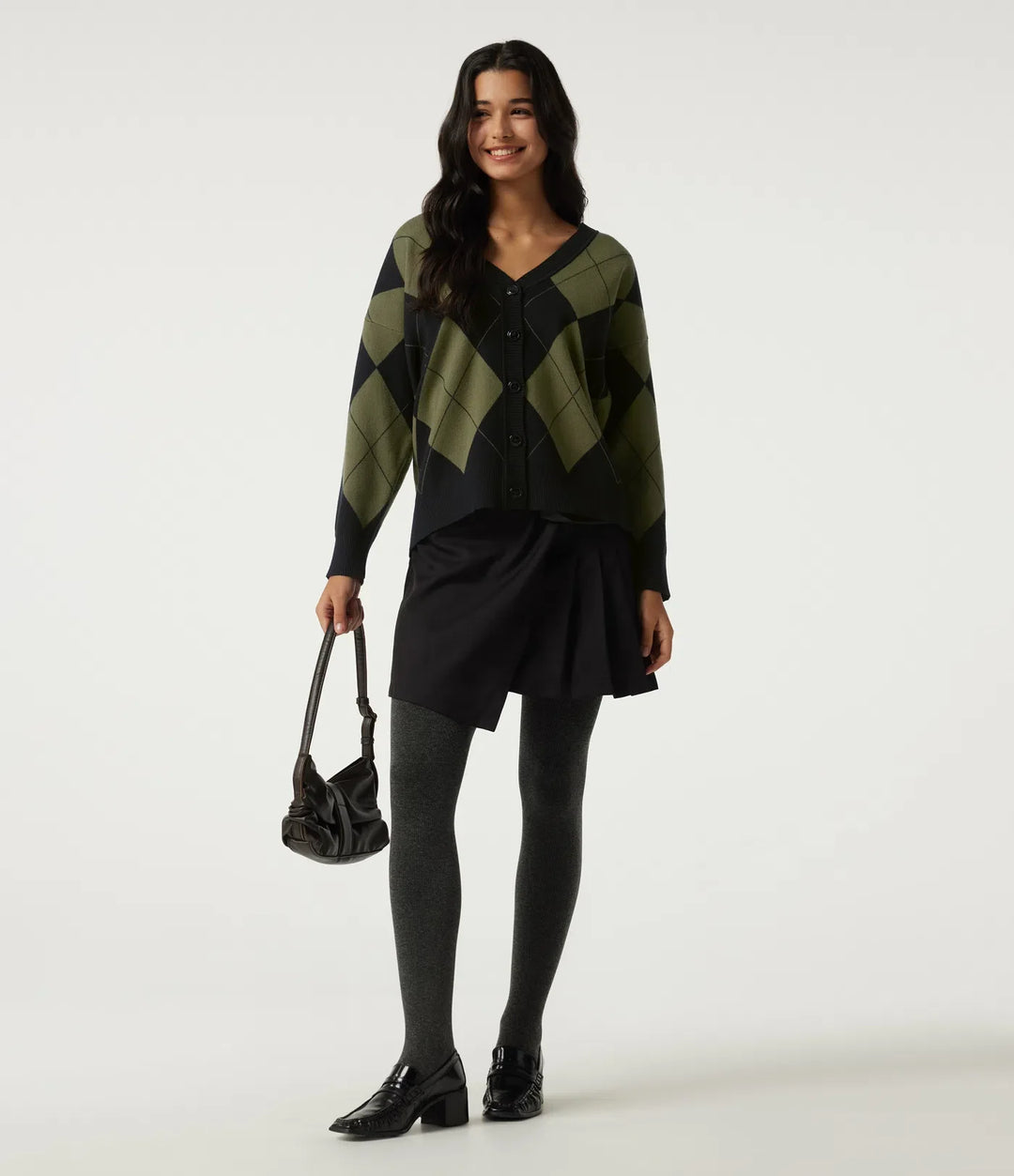V Neck Long Sleeve Diamond Check Casual Cardigan