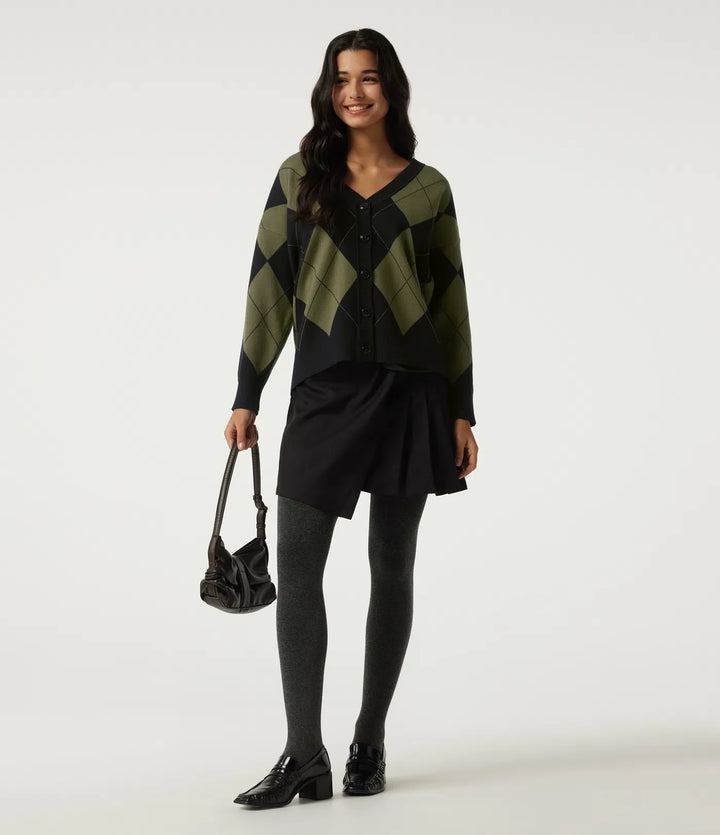 V Neck Long Sleeve Diamond Check Casual Cardigan