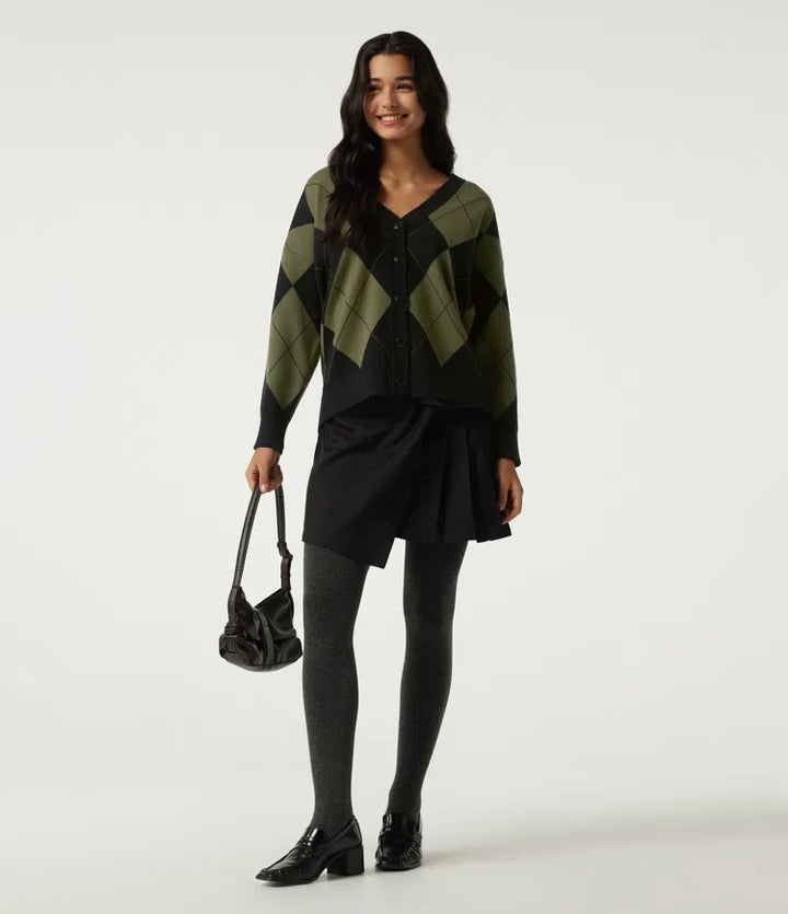 V Neck Long Sleeve Diamond Check Casual Cardigan